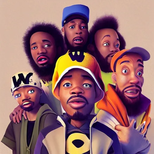 Image similar to a portrait of the wu - tang clan as pixar characters, beautiful, elegant, extremely detailed digital art, trending on artstation hyper realistic matte painting, by wlop, artgerm