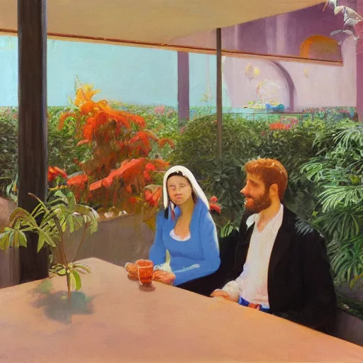 Image similar to an excited couple redefining love in a caffe surrounded by plants, oil on canvas by Francis Bacon and Edward Hopper, bruce pennington, James Gilleard, artstation