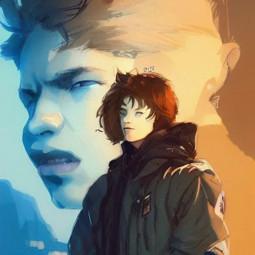 Prompt: portrait of a very masculine teenage girl with blue eyes and brown hair, short men's haircut, smiling, wearing an oversized sweater, dramatic lighting, illustration by Greg rutkowski, yoji shinkawa, 4k, digital art, concept art, trending on artstation