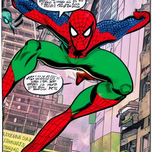 Prompt: comic book art of a green red spider man in Dhaka comic book art by Stan Lee