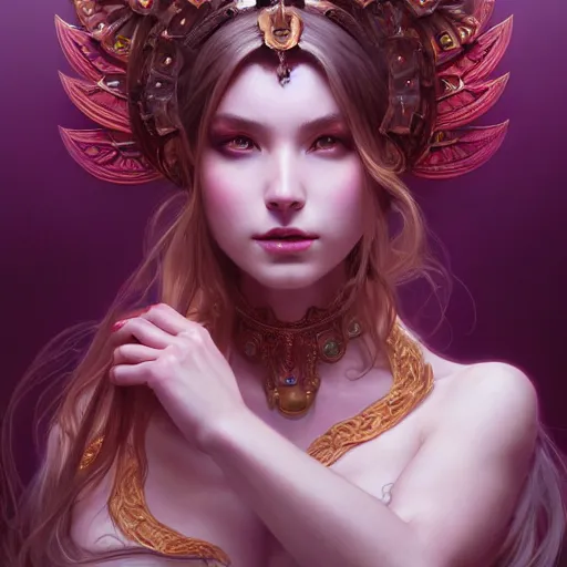 Image similar to perfectly - centered portrait of demon goddess, beautiful, gorgeous, highly detailed, professional digital painting, unreal engine 5, photorealism, hd quality, 8 k resolution, cinema 4 d, 3 d, cinematic, art by artgerm and greg rutkowski and alphonse mucha and loish and wlop
