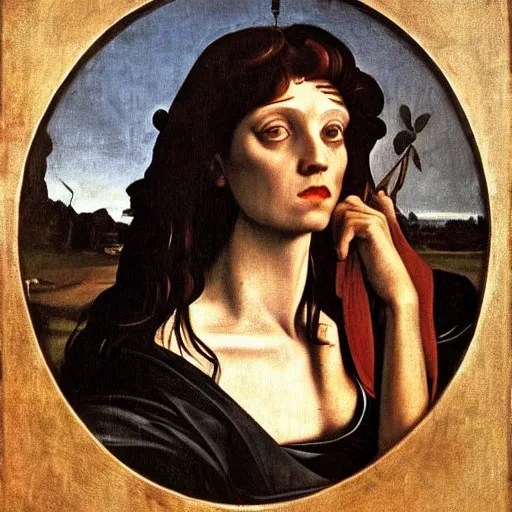 Image similar to portrait of beautyful witch circe in the odyssey, art by petrus christus, caravaggio, leonardo da vinci