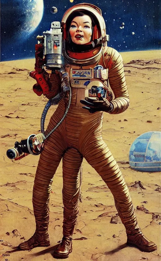 Prompt: bjork holding a retro ray gun and wearing a faded leather spacesuit on Mars by norman rockwell and darek zabrocki