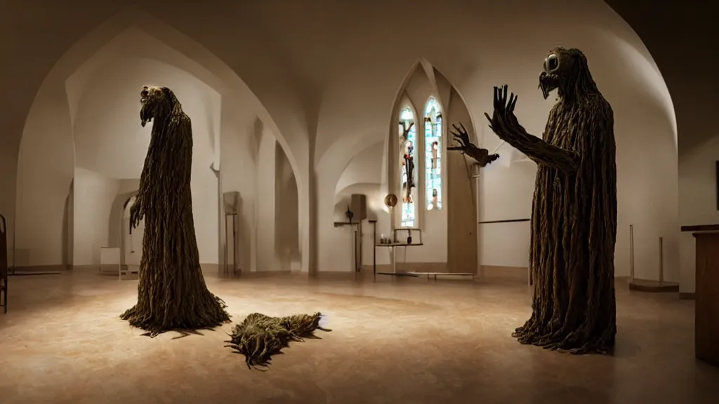 Image similar to the strange creature at church, made of wax and water, film still from the movie directed by Denis Villeneuve with art direction by Salvador Dalí, wide lens