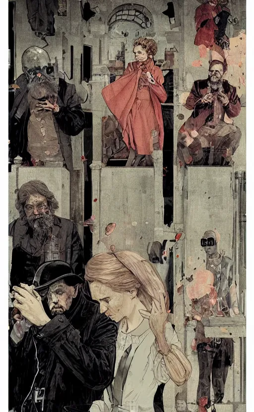 Image similar to lenin and marx and marie curie, eun emerging from renaissance italy into a cyberpunk mutiversal realm by conrad roset, nicola samuri, dino valls, m. w. kaluta, jakub rebelka, rule of thirds, seductive look, beautiful