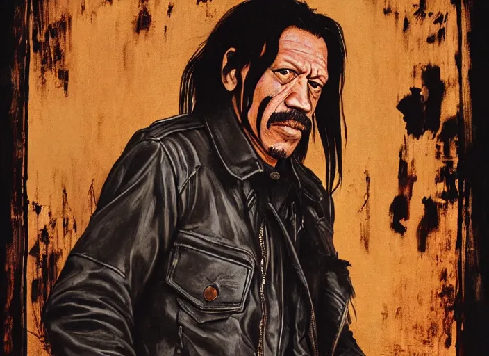 Prompt: portrait of danny trejo exploring a haunted house, long black hair, leather vest and jeans, kyoto animation still, finely illustrated face, intricately detailed features, digital painting, makoto shinkai, painted by ilya kuvshinov and katsura masakazu and alphonse mucha and satoshi kon