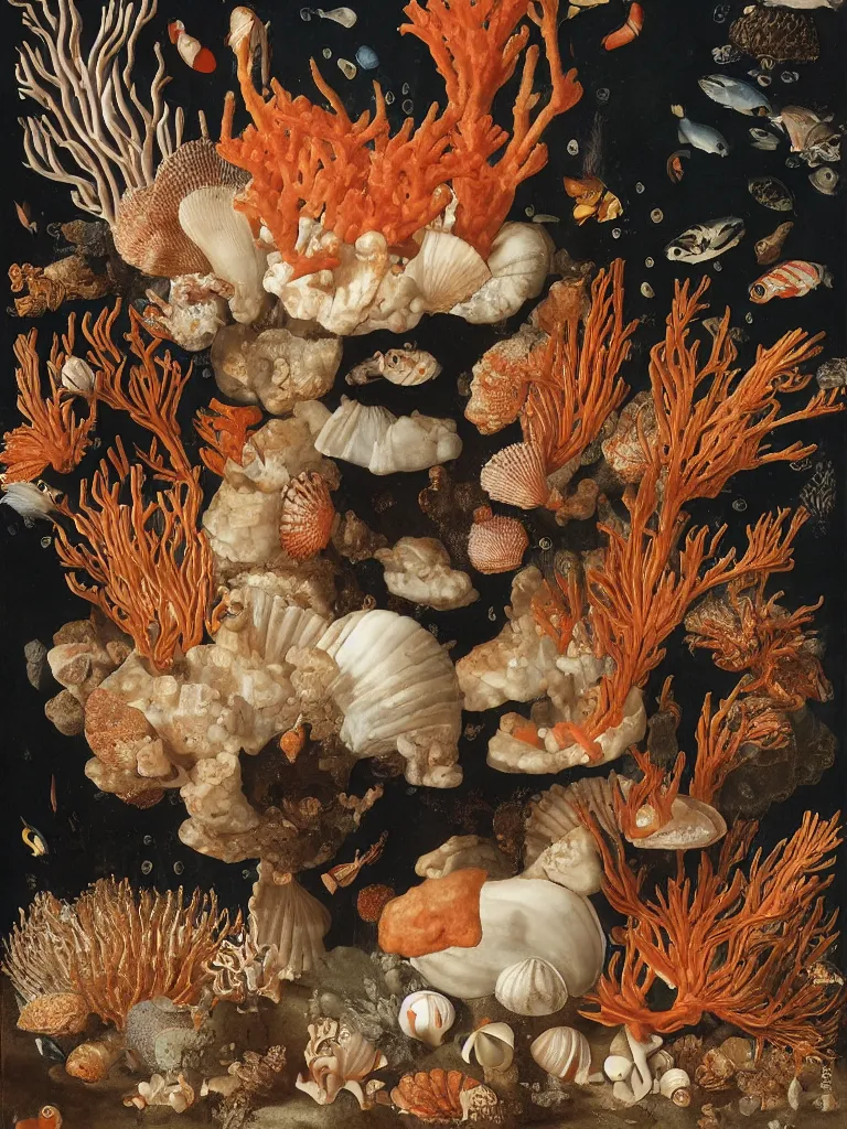 Prompt: Wan-li Vase of Coral under the sea, with shells and fish, Ambrosius Bosschaert the Elder, oil on canvas