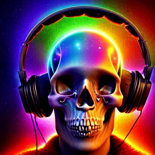 Image similar to portrait of a fantasycore glitchcore deformed skull wearing headphones. intricate abstract. intricate artwork. celestial. prismatic, by josephine wall, pixar, ghibli. octane render, CGSociety very coherent symmetrical artwork. cinematic, hyper realism, high detail, octane render, 8k, holographic accents