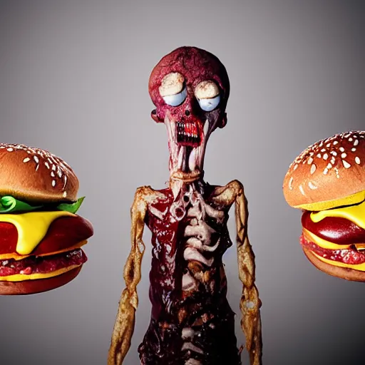 Image similar to a humanoid bipedal upright zombie that strongly resembles a hamburger, professional food photography