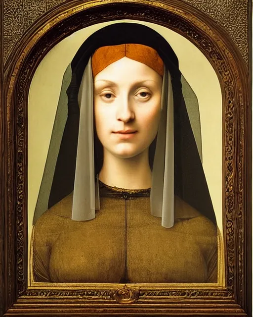 Image similar to a painting of a woman with a veil on her head, a detailed painting by antonello da messina, behance, pre - raphaelitism, pre - raphaelite, da vinci, fresco