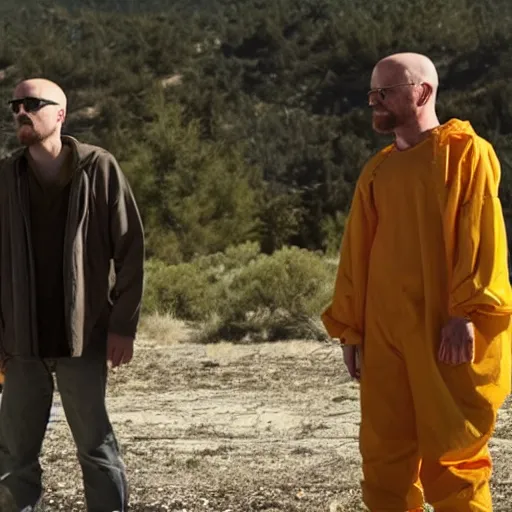Image similar to Jesse Pinkman and Walter White join a cult together
