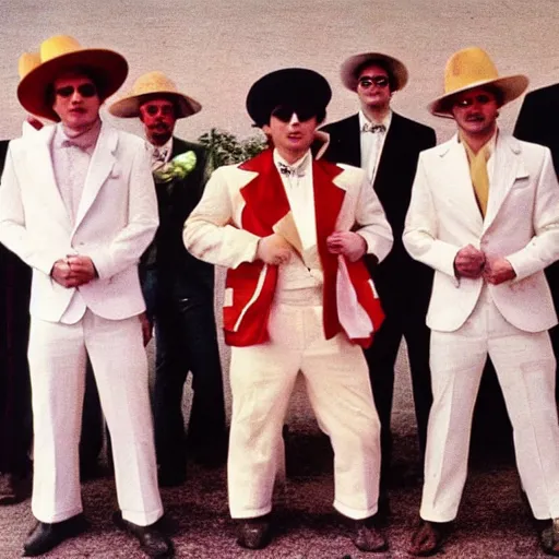 Image similar to a group of men in white suits and hats, a colorized photo by david diao, reddit contest winner, art brut, 1 9 7 0 s, 1 9 9 0 s, freakshow