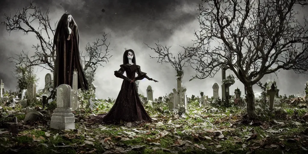 Prompt: photo taken of an epic intricate, ultra detailed, super realistic stop motion puppet of a majestic gracious regal aristocratic brunette female vampires in a graveyard filmset created by weta workshop and tim burton, menacing, wide angle, moody night time shots, photorealistic, sharp focus, gloomy, extremely cold blueish colour temperature, 3 5 mm, f 1. 4