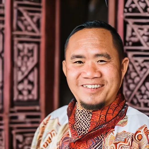 Image similar to A Photo Portrait of Joe Wearing Indonesian Batik Tulis at a fancy Balinese restaurant, award winning photography, sigma 85mm Lens F/1.4, blurred background, perfect faces