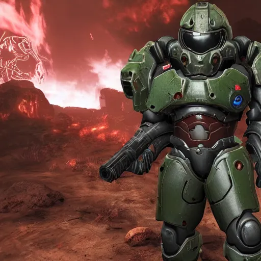 Image similar to doom slayer in power armor, doom eternal and fallout 4 crossover, photography