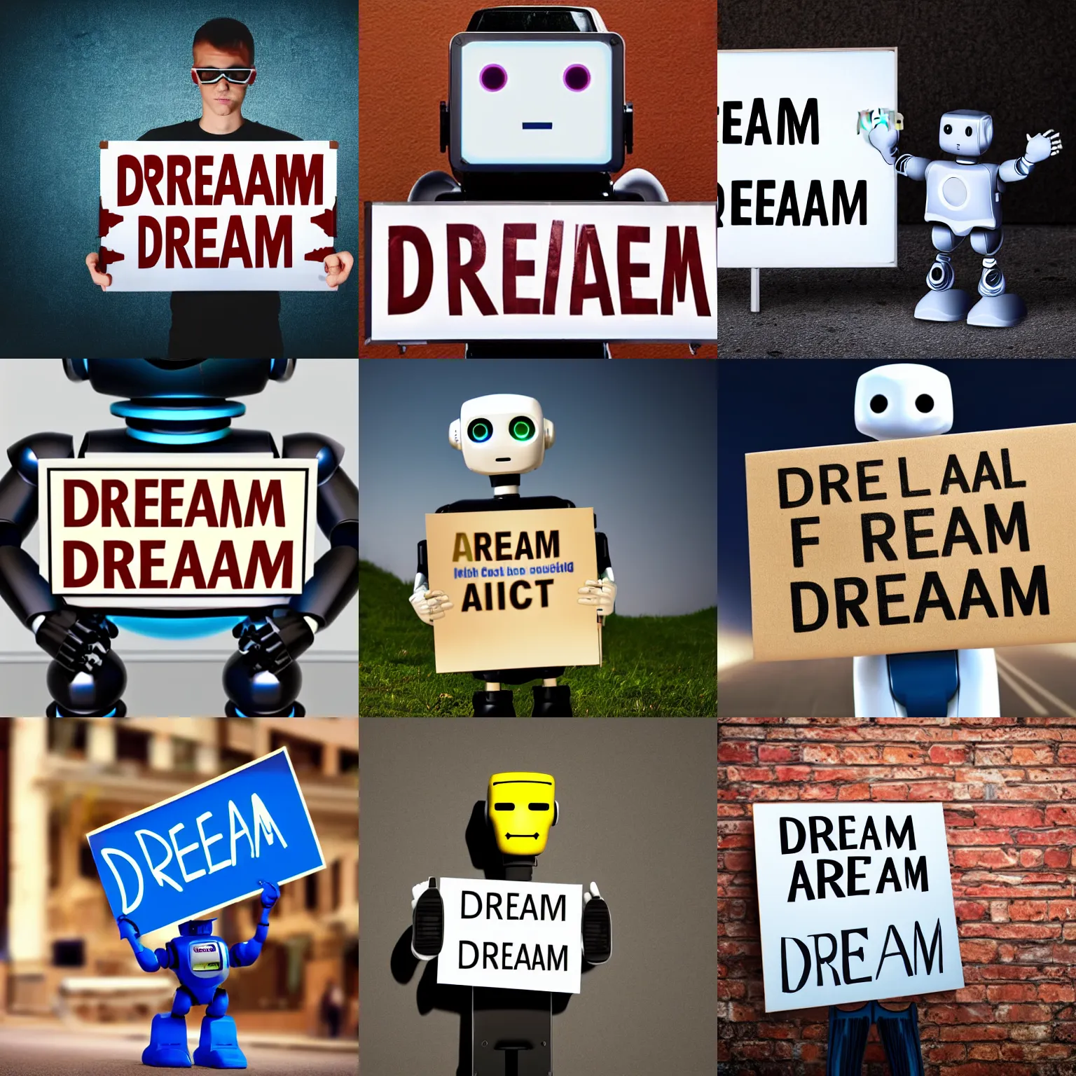 Prompt: realistic high quality photo of artificial intelligence robot holding a sign with text that reads : dream