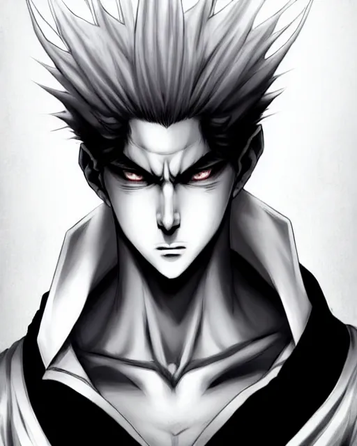 Prompt: handsome young demon king man only, evil smile, manga style only, wallpaper aesthetic, black and white colors only, symmetrical face, demonic, cinematic, dramatic, powerful, super detailed and intricate, elegant, hyper realistic, 8 k render, by artgerm, by kyoung hwan kim, by ralph mcquarrie, by yoshiyuki tomino