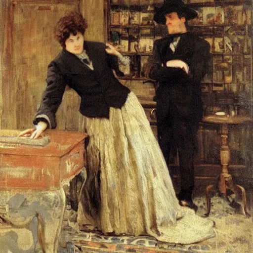 Image similar to a man and a woman solving an escape room puzzle alfred stevens