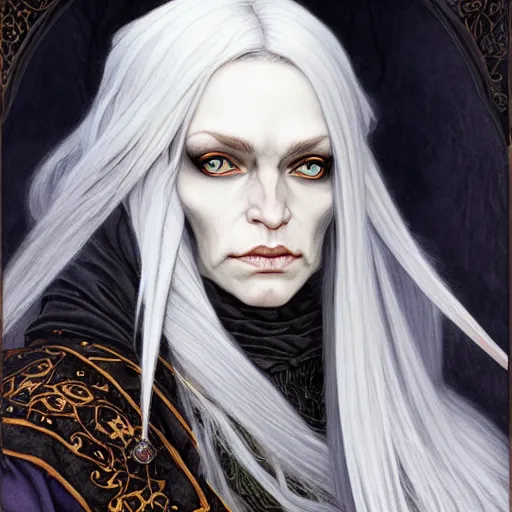 Prompt: portrait painting of a witch elf with long grey hair, sharp focus, award - winning, trending on artstation, masterpiece, highly detailed, intricate. art by rebecca guay