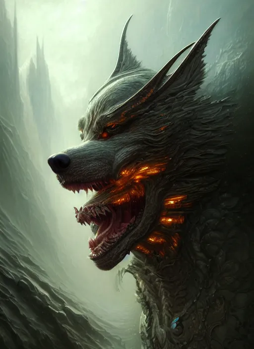 Image similar to closeup portrait shot of a fenrir in a scenic dystopian environment, intricate, elegant, highly detailed, centered, digital painting, artstation, concept art, smooth, sharp focus, illustration, artgerm, tomasz alen kopera, peter mohrbacher, donato giancola, joseph christian leyendecker, wlop, boris vallejo