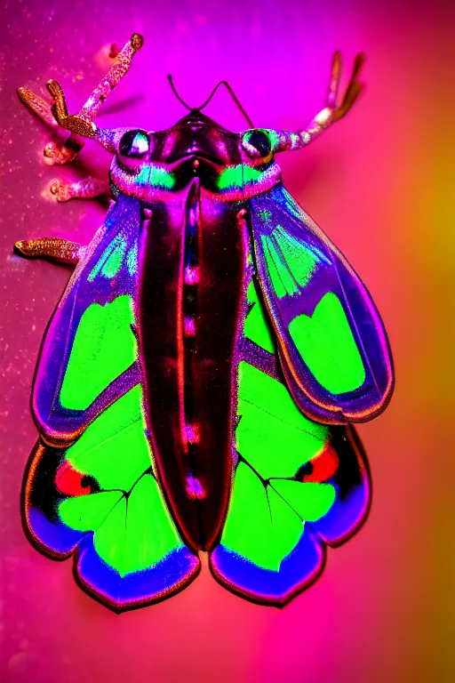 Prompt: high quality macro photo holographic cecropia moth! jeweled gorgeous! highly detailed digital art david ligare elson peter cinematic purple neon lighting high quality low angle hd 8k sharp shallow depth of field