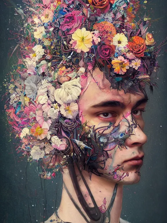 Image similar to art portrait of man with flower crown,by tristan eaton,Stanley Artgermm,Tom Bagshaw,Greg Rutkowski,Carne Griffiths,trending on DeviantArt,face enhance,chillwave,minimalist,cybernetic, android, blade runner,futuristic,full of colour,