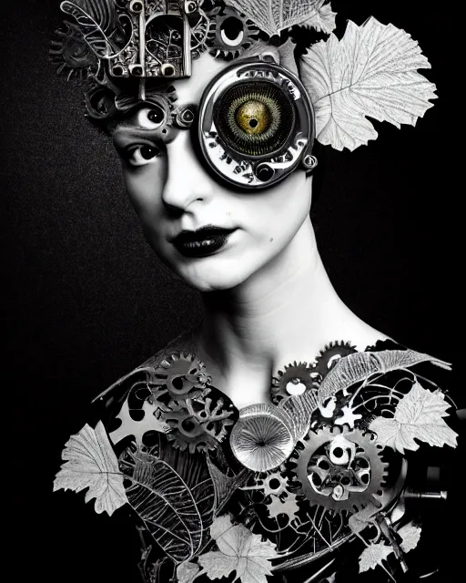 Prompt: masterpiece profile portrait painting, dutch masters, black and white, silver lace floral steampunk biomechanical beautiful one techno eye young female cyborg, big monocular, volumetric light, leaves foliage and stems, hibiscus flowers, by cecile beaton, rim light, big gothic fashion pearl embroidered collar, 8 k