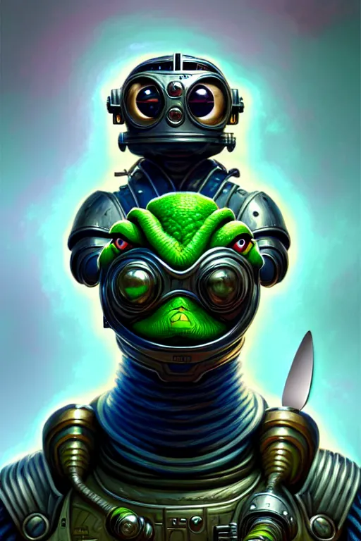 Prompt: Portrait of pepe with a spoon wearing futuristic power armor, fantasy, intricate, highly detailed, digital painting, trending on artstation, sharp focus, illustration, style of Stanley Artgerm and Greg Rutkowski and Dan Mumford