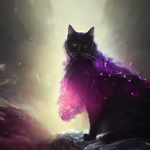 Prompt: masterpiece digital painting of a cat, focus on the face, visible face, heavy black obsidian armor, chaotic ruby inlays, large cape, by kev walker and greg rutkowski, atmospheric fog effects background, purple sparkles, artstation, deviantart, full body view, cinematic lights