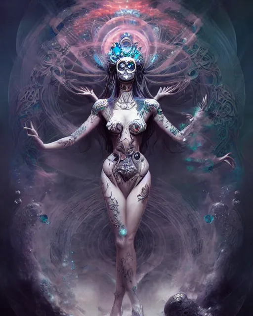 Prompt: goddess of death with full body tattoos, by nekro borja, peter mohrbacher, underwater psychedelic smoke, highly detailed, intricate, elaborate, illustration, sharp focus, artstation