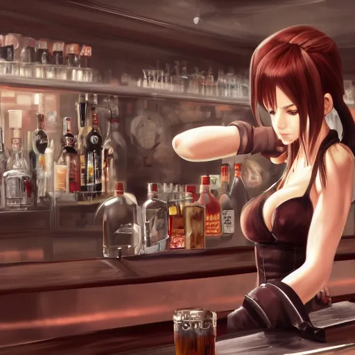 Image similar to high quality concept art of tifa lockhart working in her bar, detailed, trending on artstation