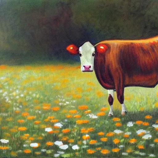 Prompt: cow in a field of daisies, impressionist