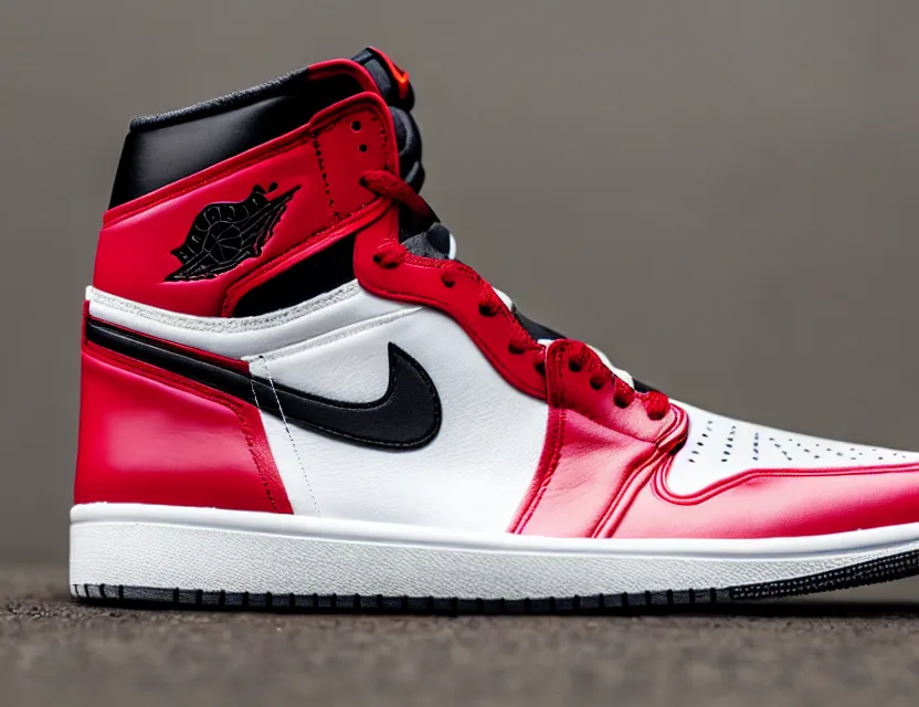 Image similar to a press photograph of nike jordan 1 black red and white