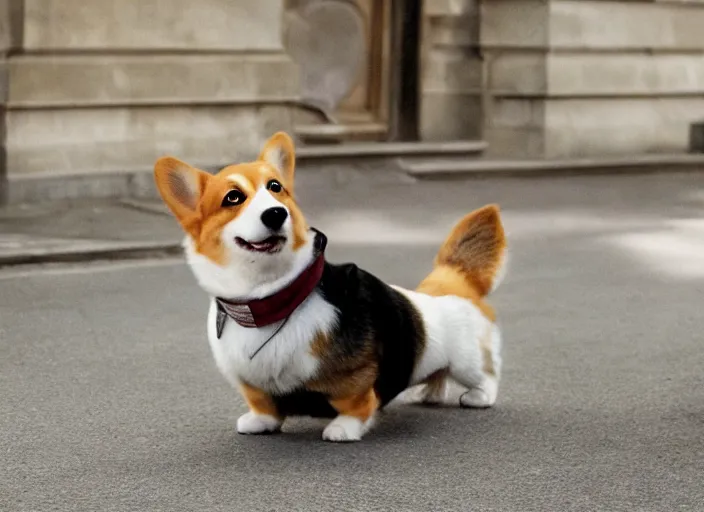 Prompt: film still if a cute corgi as sherlock holmes in the new sherlock holmes movie, 8 k