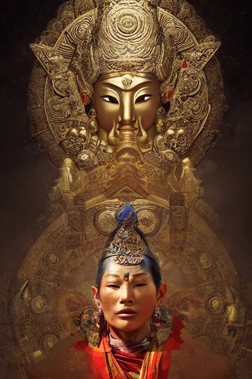 Image similar to Tibetan god, portrait, powerfull, intricate, elegant, volumetric lighting, scenery, digital painting, highly detailed, artstation, sharp focus, illustration, concept art, ruan jia, steve mccurry