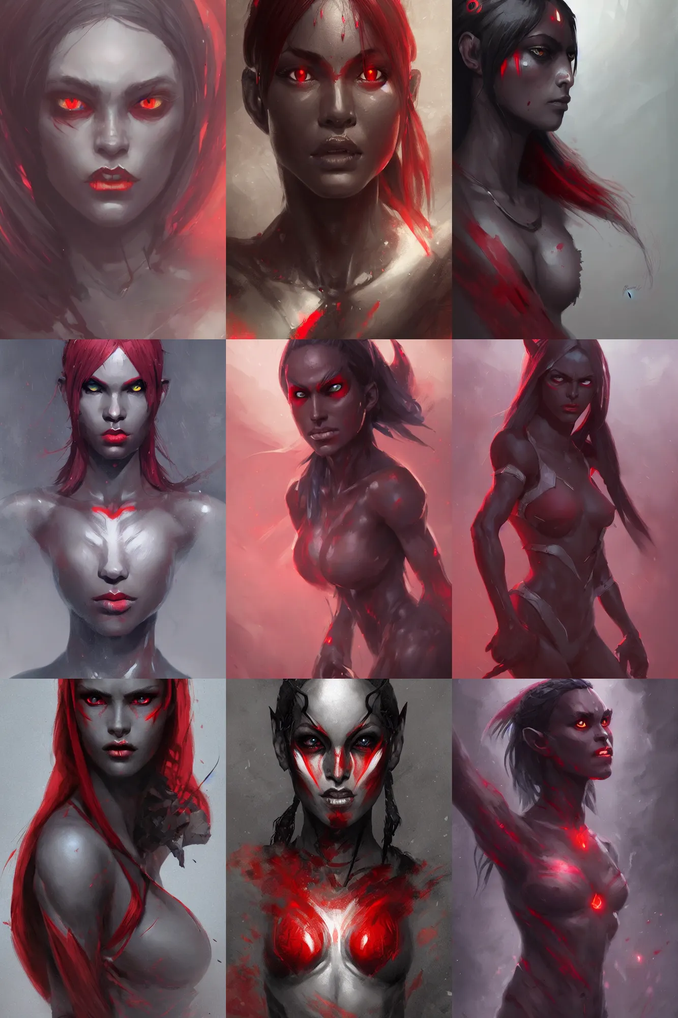 Prompt: color portrait of a dark elf female (beautiful dark gray skin and red eyes), Greg rutkowski, Trending artstation, cinematográfica, digital Art