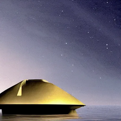 Image similar to spaceship starship battlestar by Alvar Aalto over sea, mountainous island, from interstellar by nolan