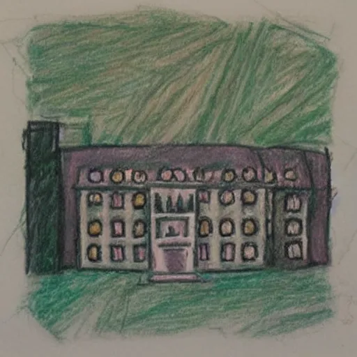 Prompt: “ child ’ s bad crayon drawing of the overlook hotel interior ”