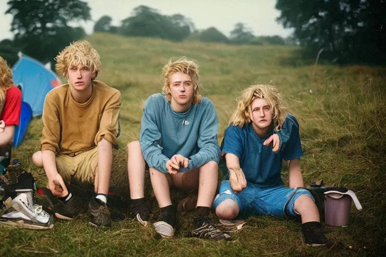 Image similar to candid photo of 3 teenagers camping at Glastonbury, UK, Kodak Portra 200,8K,highly detailed: beautiful perspective closeup environmental portrait photo in style of 2000s retrofuturism, cinema lighting , by beksinski, photography fashion edition, tilt shift, highly detailed, focus on man ;blonde hair;blue eyes, clear eyes, soft lighting