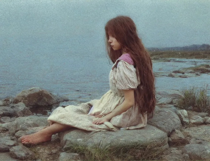 Image similar to peasant girl sitting on a stone by a shore of river, cottage core, cinematic focus, polaroid photo bleached vintage pastel colors high - key lighting, soft lights, foggy, by steve hanks, by lisa yuskavage, by serov valentin, by tarkovsky, 8 k render, detailed, oil on canvas