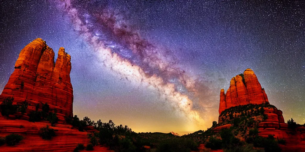 Prompt: long distance shot, sedona's cathedral rock bluff, night, milky way, intricate lines, elegant, extreme detail, sharp focus, photo realistic, ultra realistic, photographic