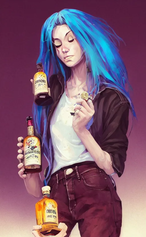 Prompt: a grungy woman with rainbow hair, happy, holding bottle of whiskey, soft eyes and narrow chin, dainty figure, long hair straight down, torn kawaii shirt and baggy jeans, basic white background, In style of by Jordan Grimmer and greg rutkowski, crisp lines and color,