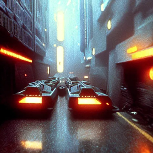 Prompt: from movie bladerunner, a scifi vehicle in a street, scene from bladerunner movie, mcquarrie