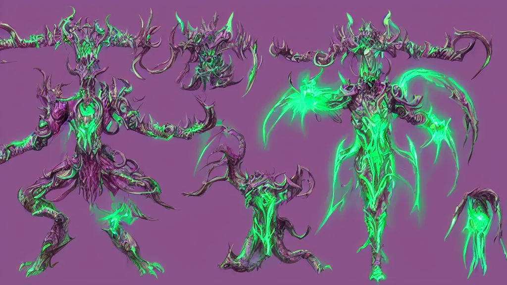 Image similar to a fantasy Bright iridescent ghost demon with four arms character design sheet, trending on artstation