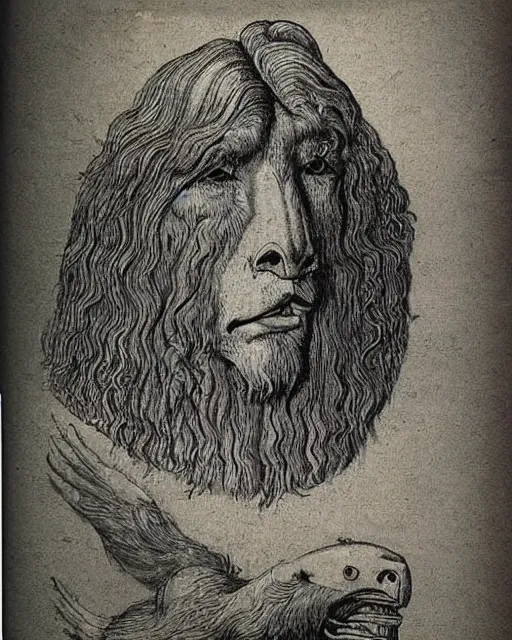 Prompt: human - eagle - lion - ox creature. drawn by da vinci