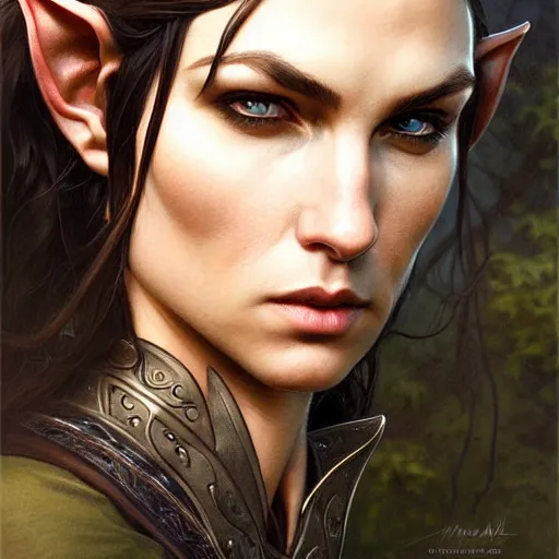 Image similar to portrait of a elven ranger, dark, piercing eyes, gentle expression, elegant clothing, photorealistic, highly detailed, artstation, smooth, sharp focus, art by michael whelan, artgerm, greg rutkowski and alphonse mucha