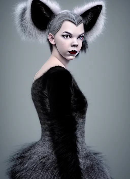 Image similar to full body environmental portrait photo of dressed catgirl anya taylor - joy, cat ears made from fur, glamour shot by gemmy woud - binnendijk, chris knight, photorealistic, canon r 3, fashion photography, elegant, luxury and elite, symmetry, octane render, unreal engine, solid dark grey background, dramatic lights, high fashion journal cover