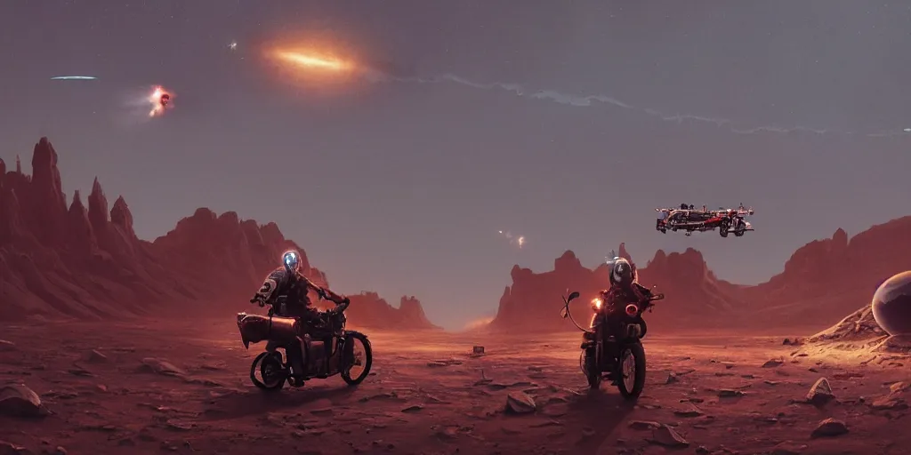 Image similar to american astronaut driving a motorcycle in mars, tribe members chasing, action scene, an epic fantasy, dramatic lighting, cinematic, establishing shot, extremely high detail, photorealistic, cinematic lighting, artstation, octane render, by simon stalenhag, horizon forbidden west