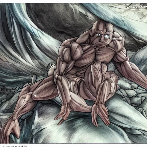 Image similar to a crawling mountain of muscles, highly detailed, anime, pale colors, award winning pictures, by studio mappa, by studio wit