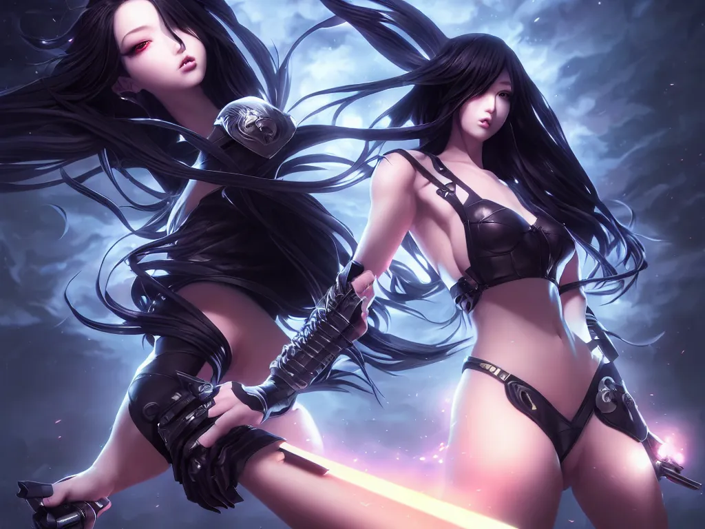Image similar to extremely beautiful aesthetic girl with ego weapons, black long hair, occlusion shadow, specular reflection, rim light, unreal engine, octane render, artgerm, artstation, art by hiroaki samura and jiro matsumoto and yusuke murata, high quality, highly detailed 8 k, fantasy illustration, beautiful shape of body, epic scene